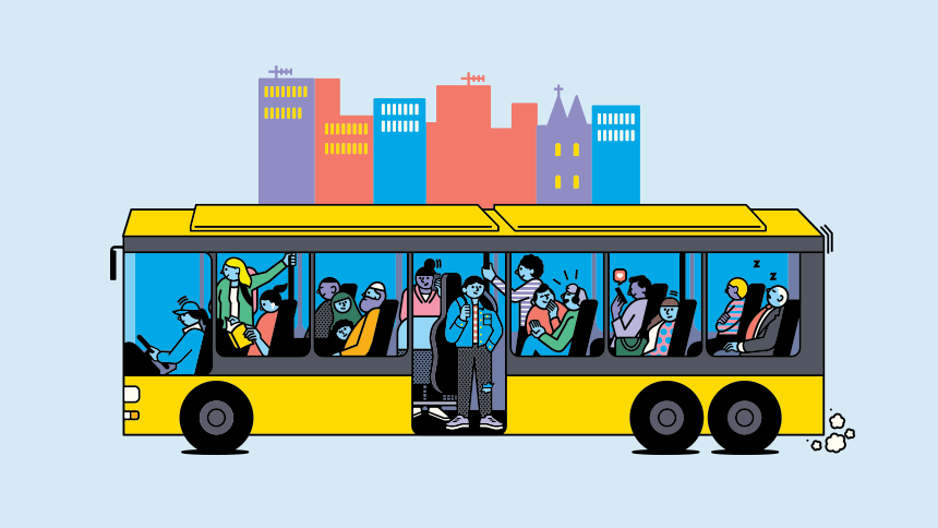 Illustration av gul buss med passagerare.