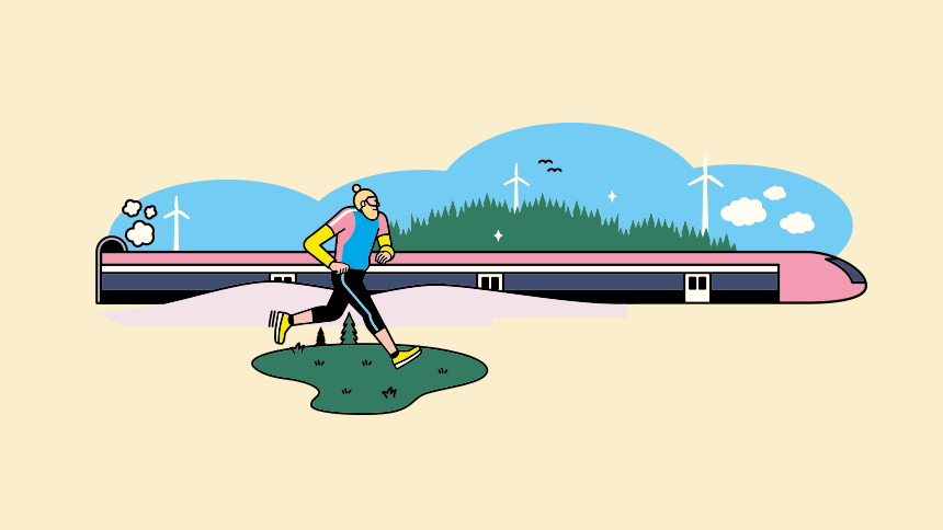 illustration på tåg och person som är ute och motionslöper