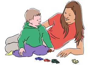 Illustration: Vuxen och barn på golvet. De leker med tillsammans med leksaksbilar.