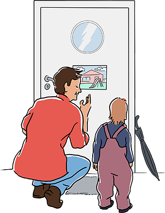 Illustration: Vuxen och barn i tamburen. De tittar på bild på insidan av ytterdörren. Bilden föreställer en lekplats.