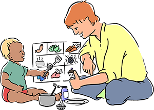 Illustration. Barn och vuxen leker på golvet med olika husgeråd. I bekgrunden en pektavla med bilder på temat matlagning.