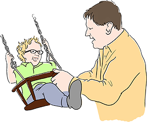 Illustration: Äldre man tar fart på ett barn i gunga.