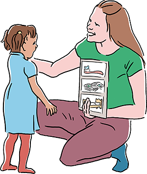 Illustration: Vuxen kvinna på huk visar bildkarta med tre olika bilder för ett barn.