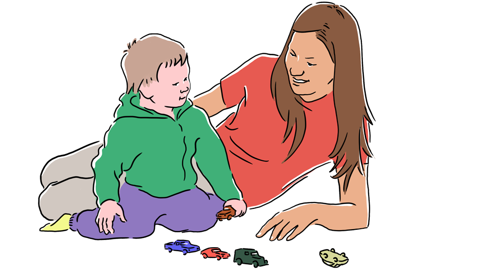 Illustration: Kvinna och barn på golvet leker med bilar tillsammans.