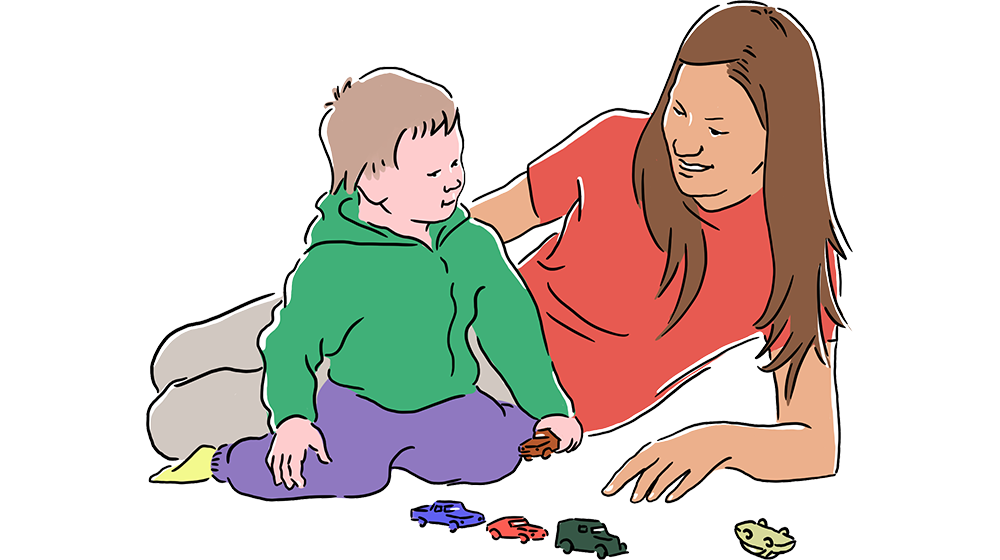 Illustration: Mamma och barn leker med små bilar på golvet.