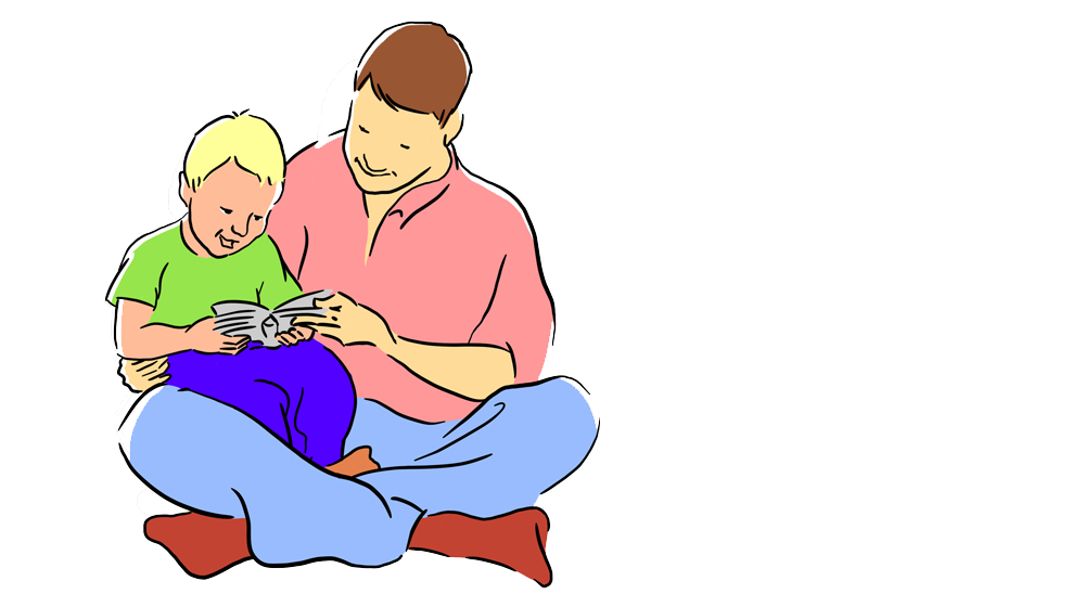 Illustration: Vuxen sitter på golvet med barn i knät. De tittar i bok tillsammans.