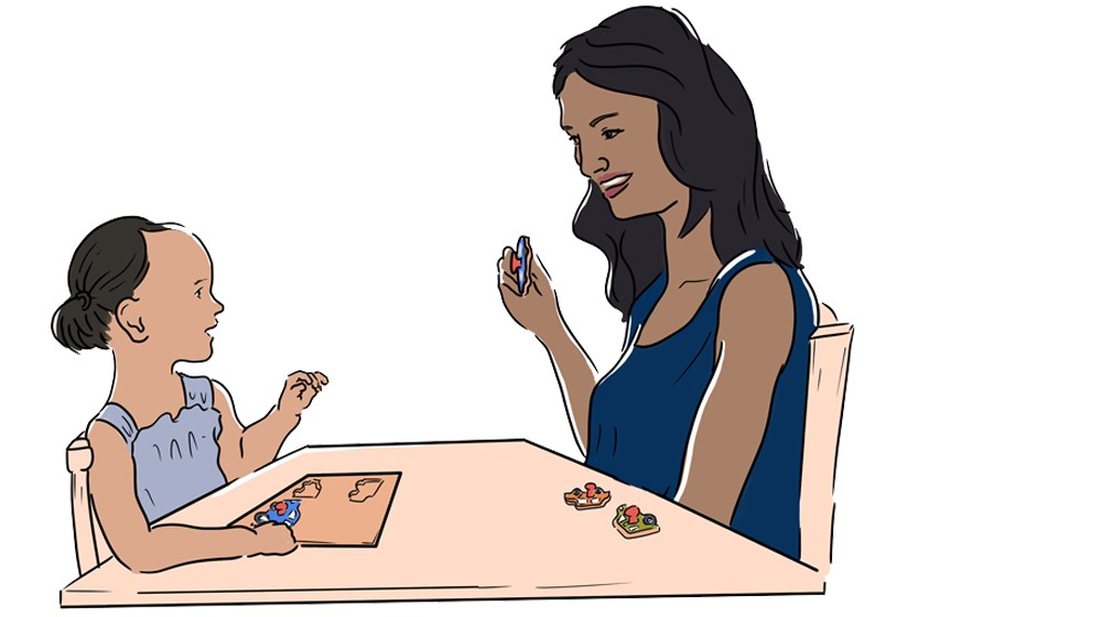 Illustration: Vuxen och barn sitter mitt emot varandra vid bord och lägger pussel.